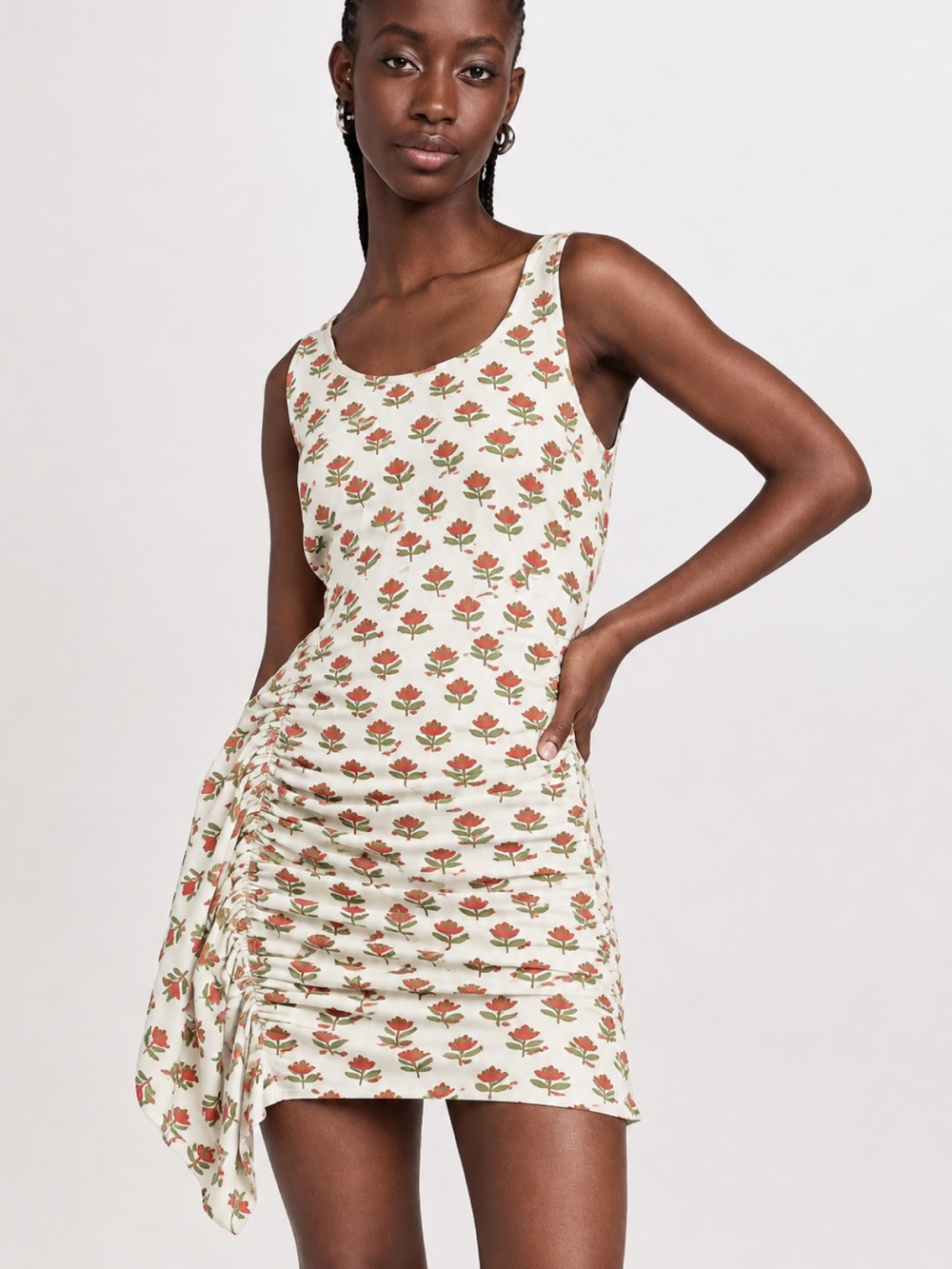Rhode Dress Tilda Side Ruched Ruffle Mini in Cream Red Rose Print